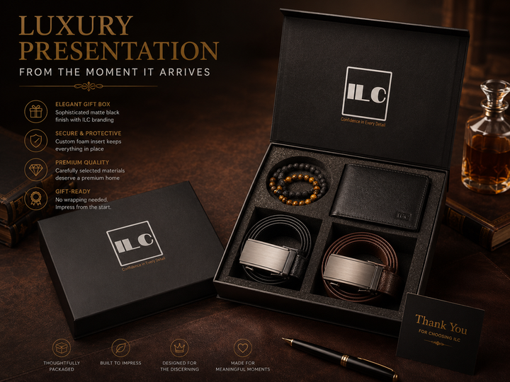 ILC Executive Elite Gift Set™ | Premium Men's Wallet, Dual Ratchet Belt & Bracelet Collection