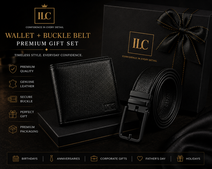 ILC Executive Leather Gift Set - Option A (Premium Bifold Wallet & Classic Black Buckle Belt Bundle)