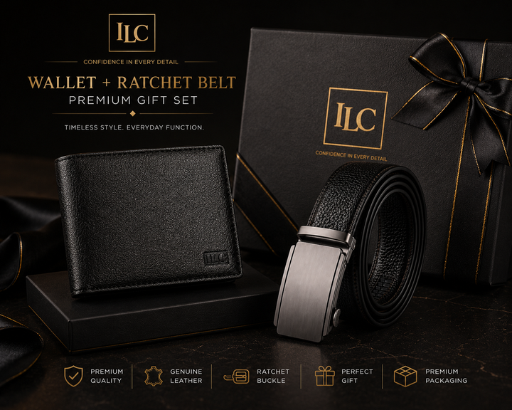 ILC Executive Leather Gift Set - Option C (Premium Bifold Wallet & Ratchet Black Belt Bundle)