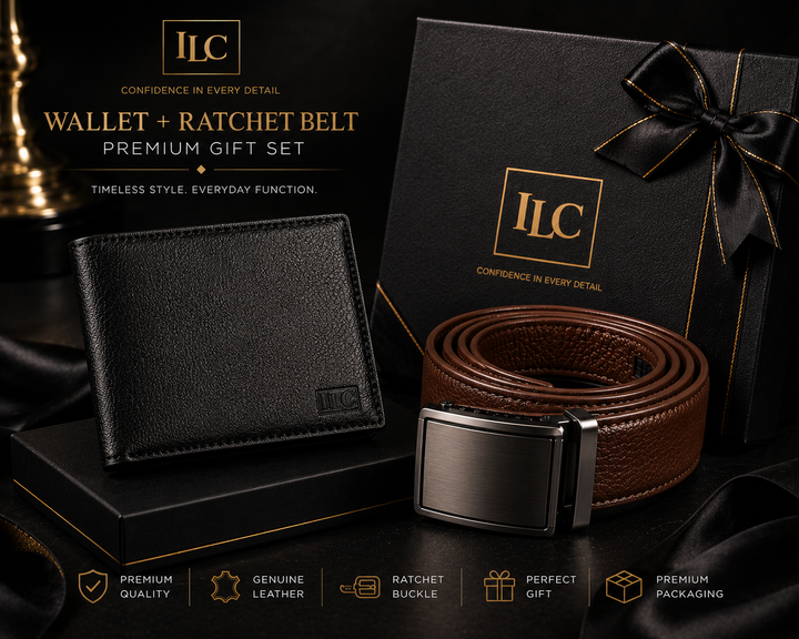 ILC Executive Leather Gift Set - Option D (Premium Bifold Wallet & Ratchet Brown Belt Bundle)