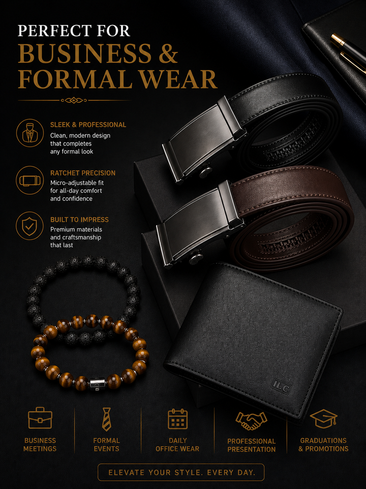 ILC Executive Elite Gift Set™ | Premium Men's Wallet, Dual Ratchet Belt & Bracelet Collection