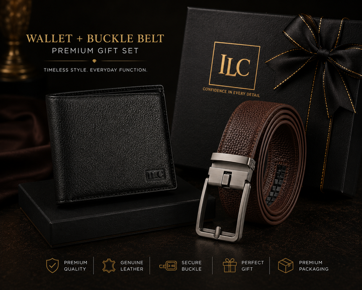 ILC Executive Leather Gift Set - Option B (Premium Bifold Wallet & Classic Brown Buckle Belt Bundle)