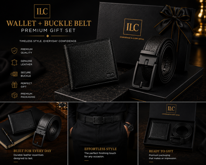 ILC Executive Leather Gift Set - Option A (Premium Bifold Wallet & Classic Black Buckle Belt Bundle)
