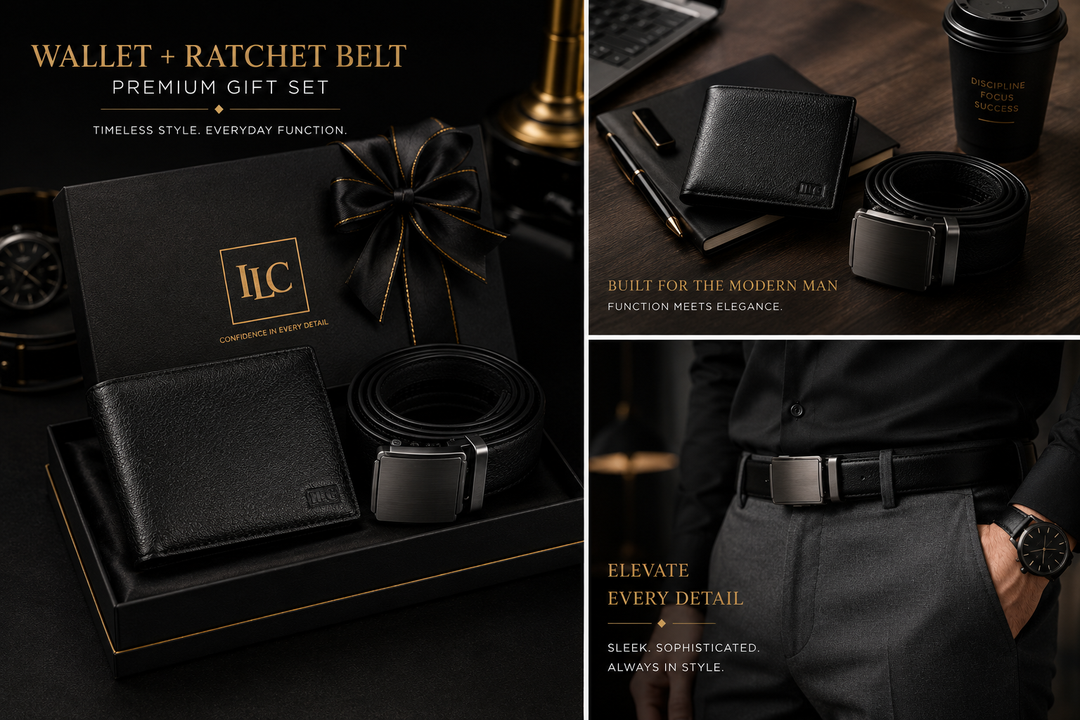 ILC Executive Leather Gift Set - Option C (Premium Bifold Wallet & Ratchet Black Belt Bundle)