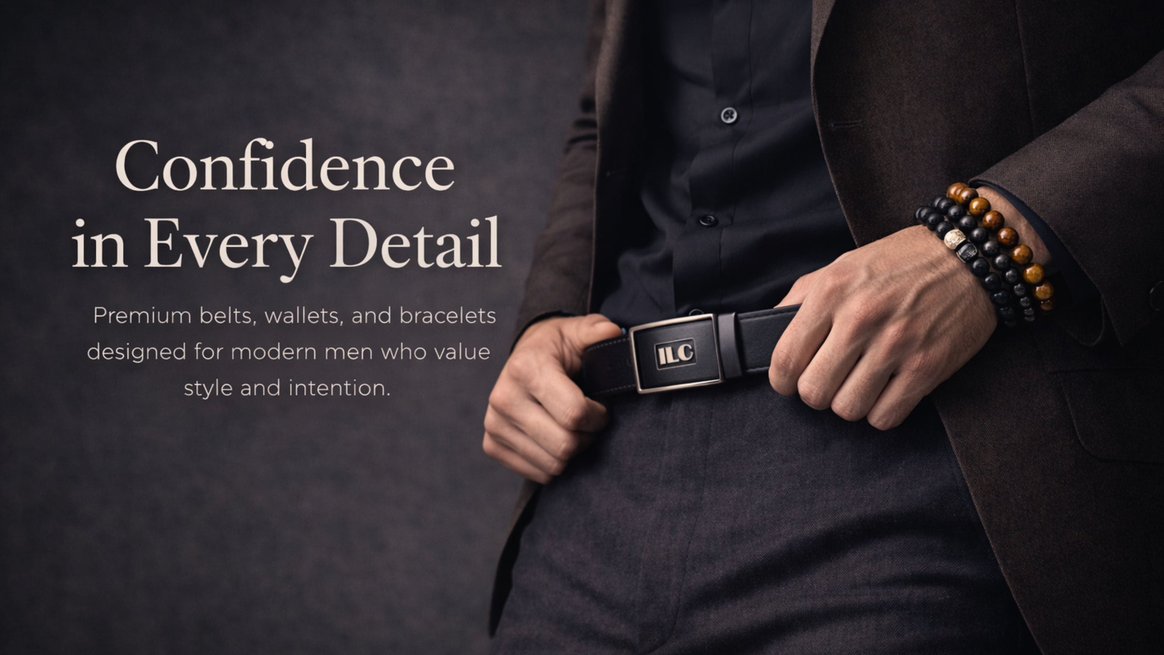 Man adjusting a black belt with text about premium men's accessories on a dark background