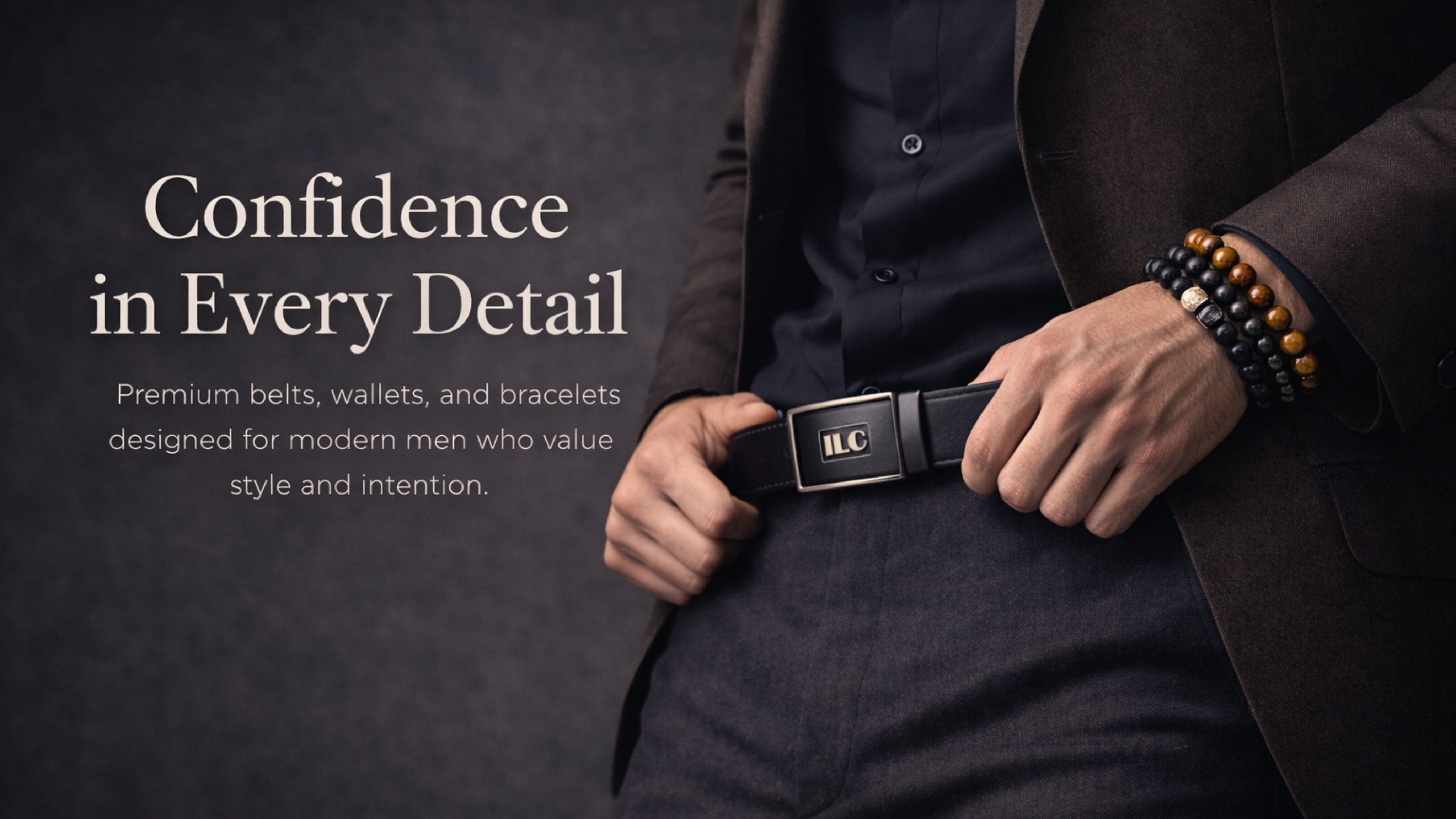 Man adjusting a black belt with text about premium men's accessories on a dark background
