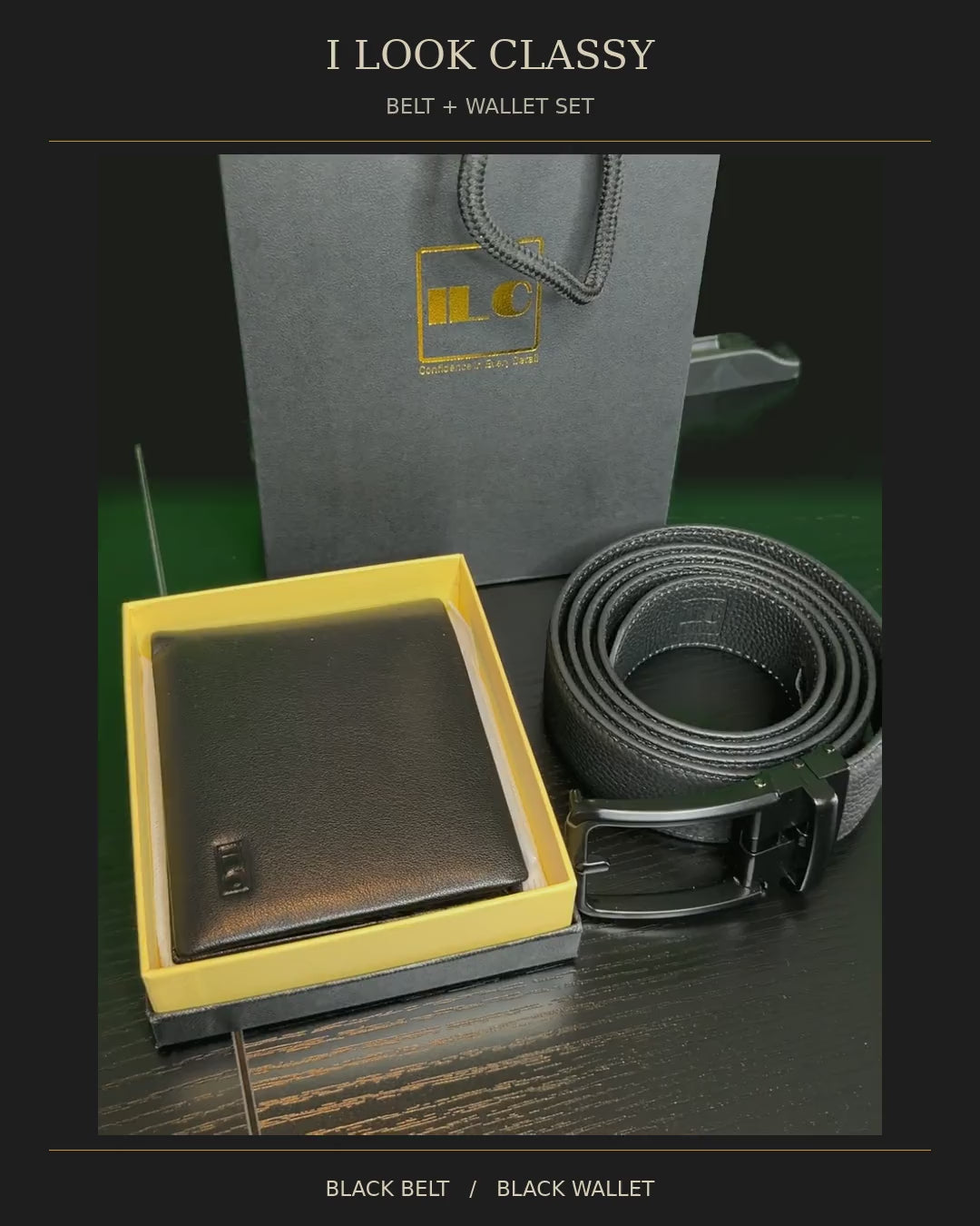 ILC Top Grain Leather Black Classic Buckle Belt & Black Wallet Gift Set