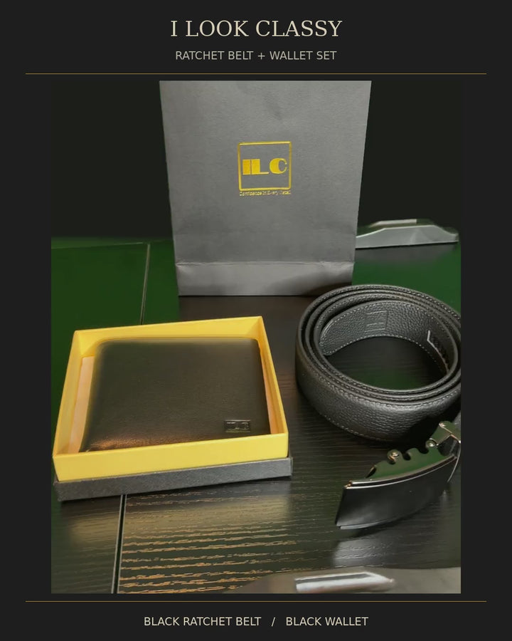 ILC Top Grain Leather Black Ratchet Belt & Black Wallet Gift Set