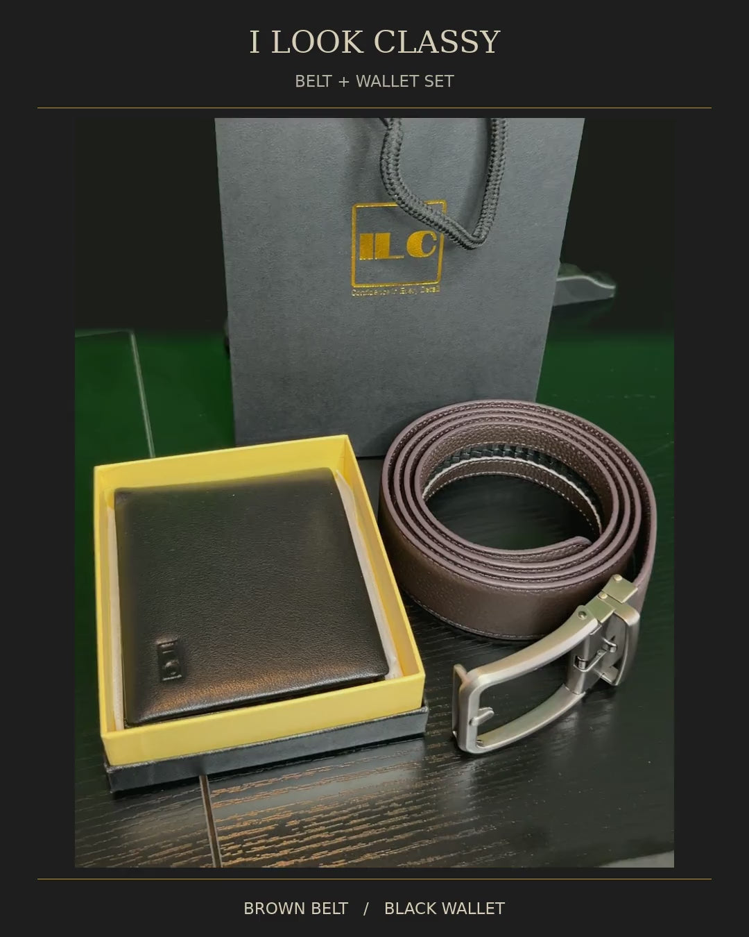 ILC Top Grain Leather Brown Classic Buckle Belt & Black Wallet Gift Set
