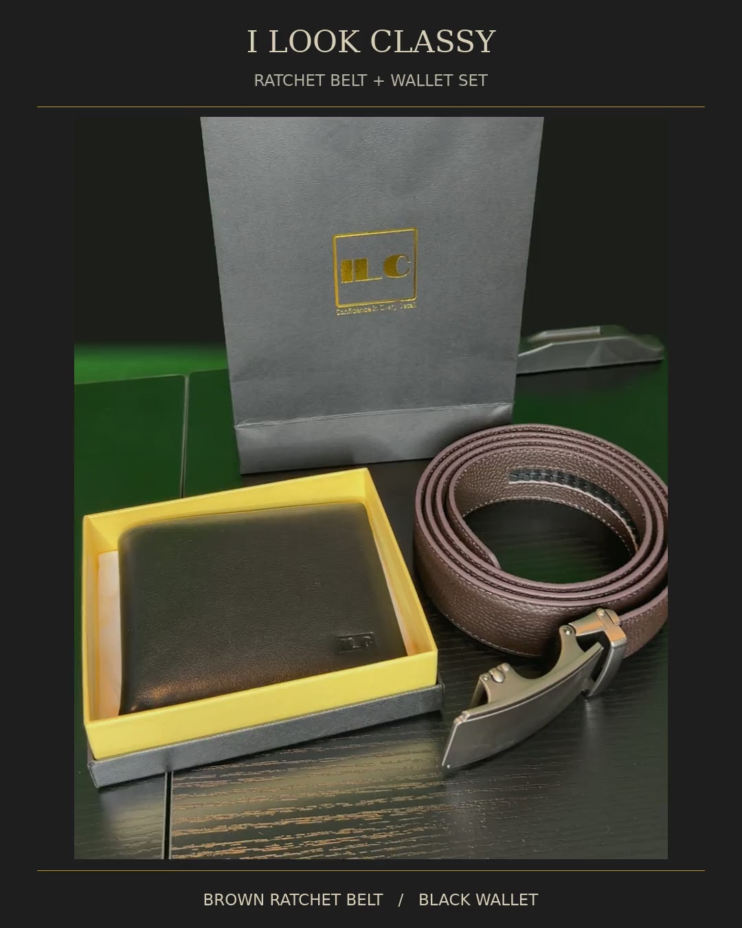 ILC Top Grain Leather Brown Ratchet Belt & Black Wallet Gift Set