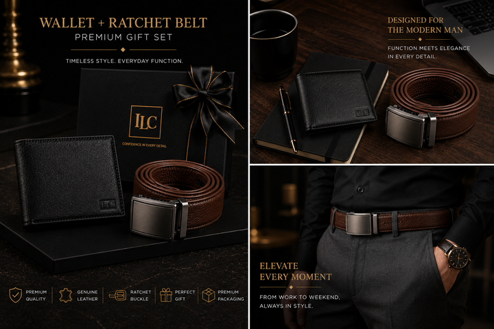 ILC Executive Leather Gift Set - Option D (Premium Bifold Wallet & Ratchet Brown Belt Bundle)