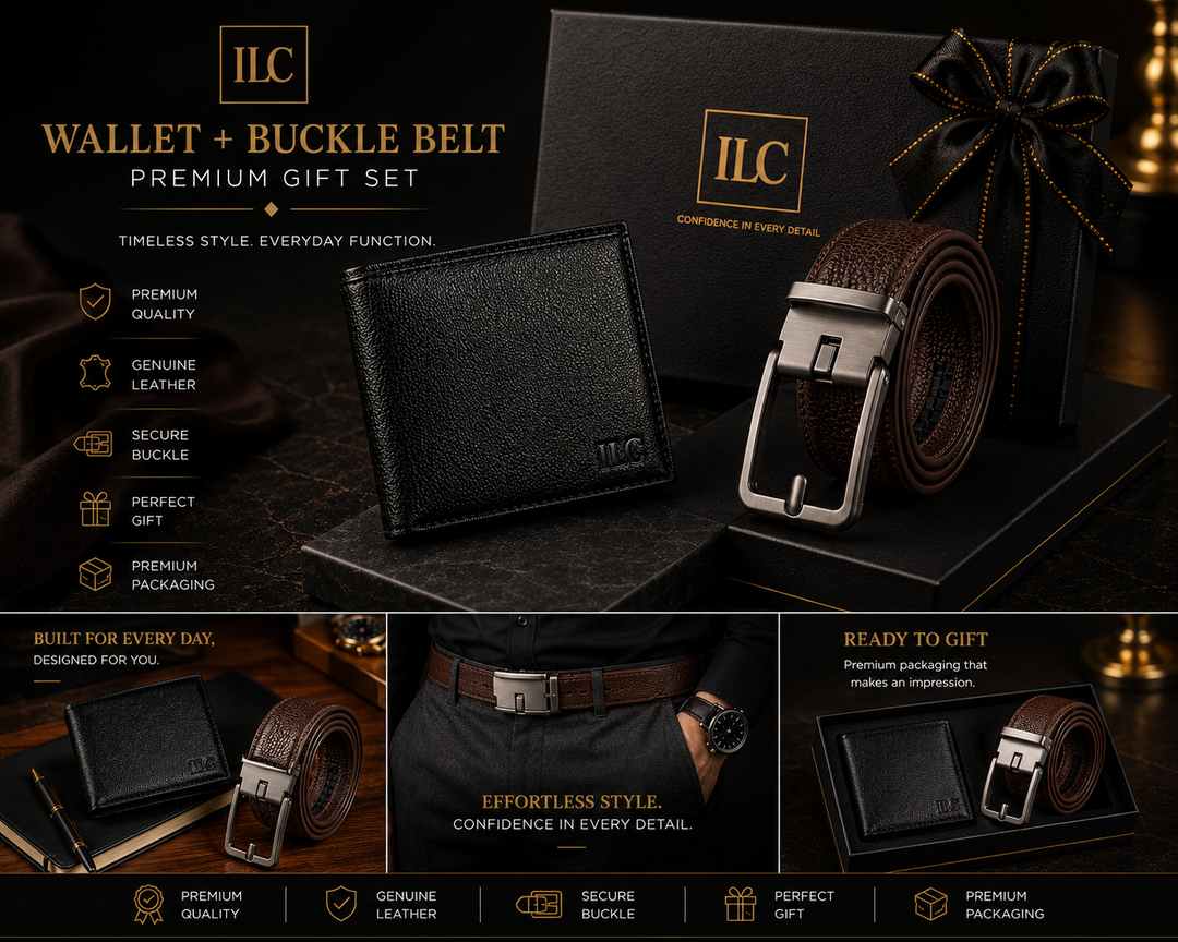 ILC Executive Leather Gift Set - Option B (Premium Bifold Wallet & Classic Brown Buckle Belt Bundle)