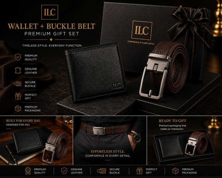 ILC Executive Leather Gift Set - Option B (Premium Bifold Wallet & Classic Brown Buckle Belt Bundle)